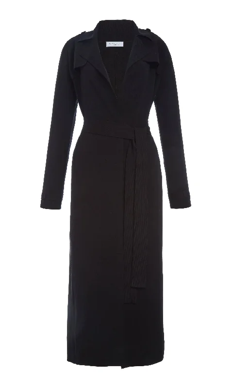 Knit Tops for Women with Hoods-Escamillo Knit Trench Coat in Black Merino Wool