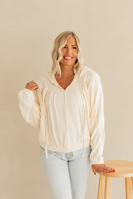 Women's Sweatshirts with Stretchy Ribbed Cuffs -Hope Hooded Pullover | Cream