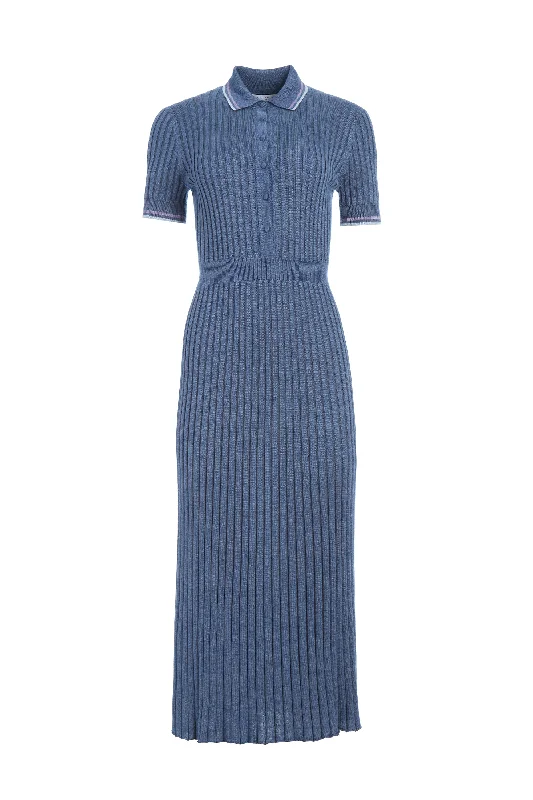Soft Knit Sweaters for Women -Eyot Knit Maxi Dress in Denim Blue Cashmere Silk