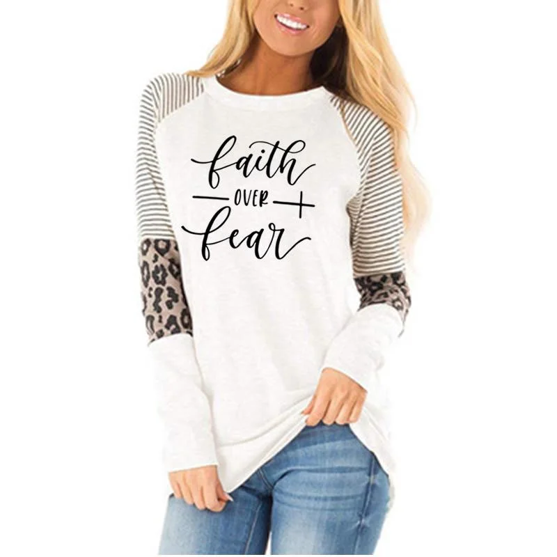 Women's Designer Blouses -faith Autumn Winter Leopard stitching long sleeves high quality hotsell women loose casual blouse oversized Women's T-Shirts