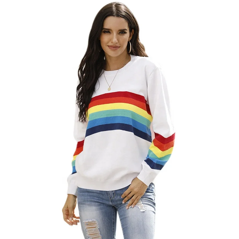 Women's Pullover Sweater with Faux Fur Collar-Fall New Student Knitwear Top Fashion Rainbow Stripe Long Sleeve Pullover Women Women's Pullover Sweater with Faux Fur Collar-Fall New Student Knitwear Top Fashion Rainbow Stripe Long Sleeve Pullover Women