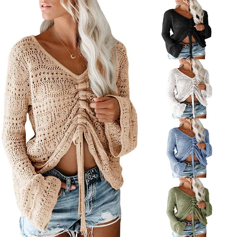 Women's Layered Blouses -fashion hollow out knitted blouses women casual top 2022 autumn drawstring v neck knit pullover sweater top