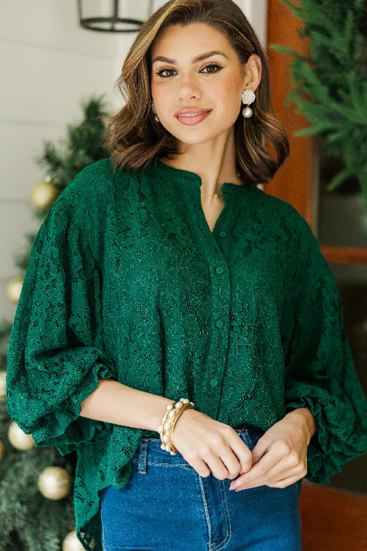 Women's Embellished Shirts -Fate: Take It All In Hunter Green Lace Blouse
