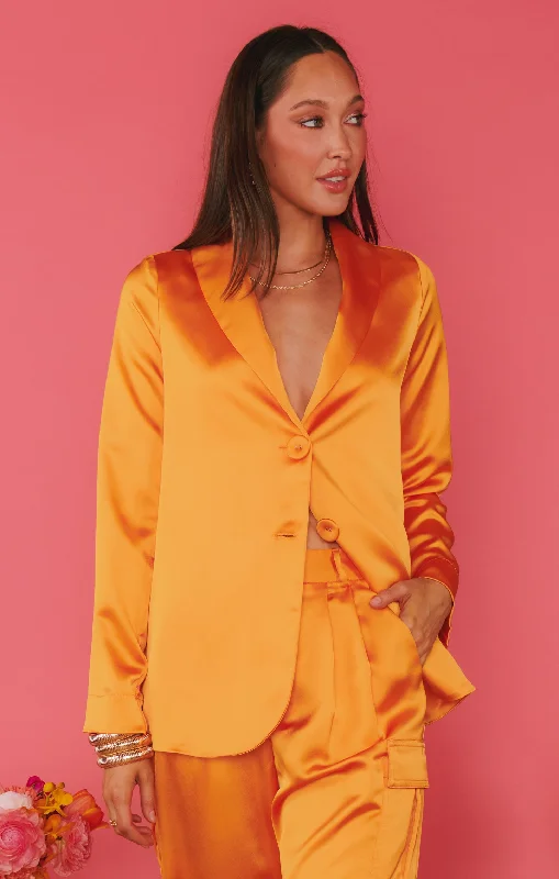 Women's Blazers with Zipper Closure -Felix Blazer ~ Tangerine Fluid Satin