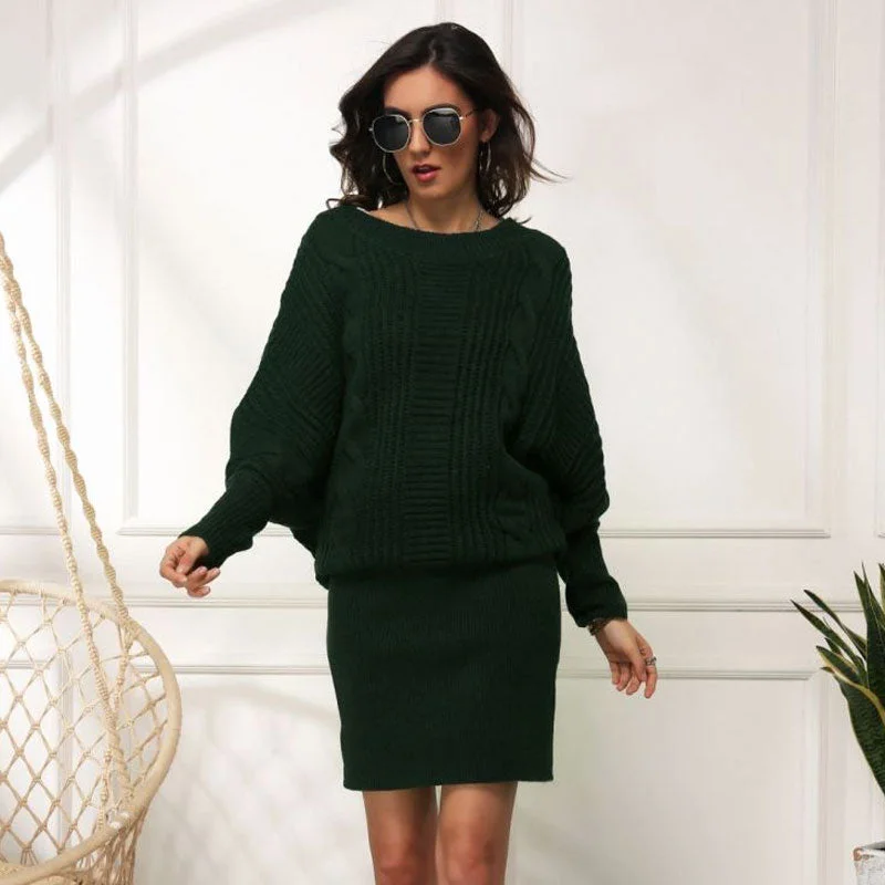 Chunky Women's Sweaterdress for Cold Days -Feminine Crew Neck Drop Shoulder Fisherman Cable Knit Sweater Dress Chunky Women's Sweaterdress for Cold Days -Feminine Crew Neck Drop Shoulder Fisherman Cable Knit Sweater Dress