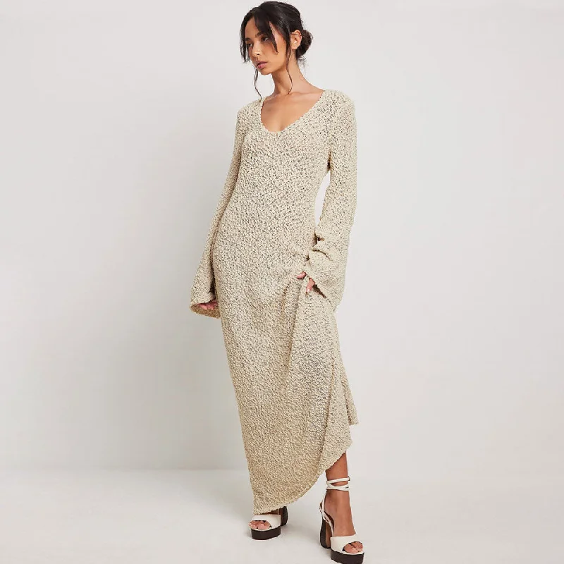 Women's Sweaterdress with Lace Sleeve Detail -Feminine Scoop Neck Bell Sleeve Beige Boucle Knit Maxi Sweater Dress Women's Sweaterdress with Lace Sleeve Detail -Feminine Scoop Neck Bell Sleeve Beige Boucle Knit Maxi Sweater Dress