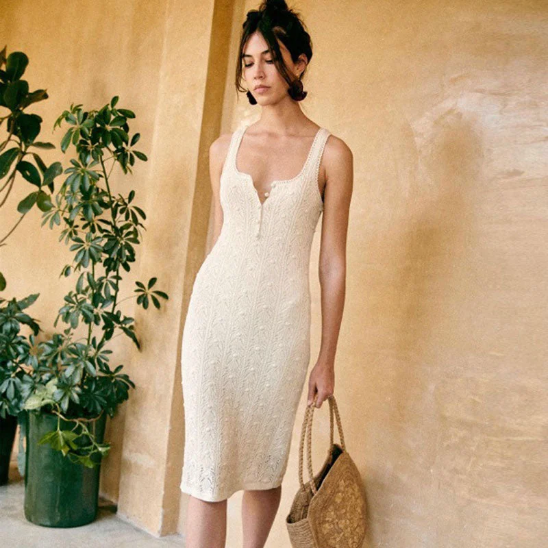 Women's Sweaterdress for Date Night -Feminine Scoop Neck Sleeveless Half Button Pointelle Knit Midi Dress Women's Sweaterdress for Date Night -Feminine Scoop Neck Sleeveless Half Button Pointelle Knit Midi Dress
