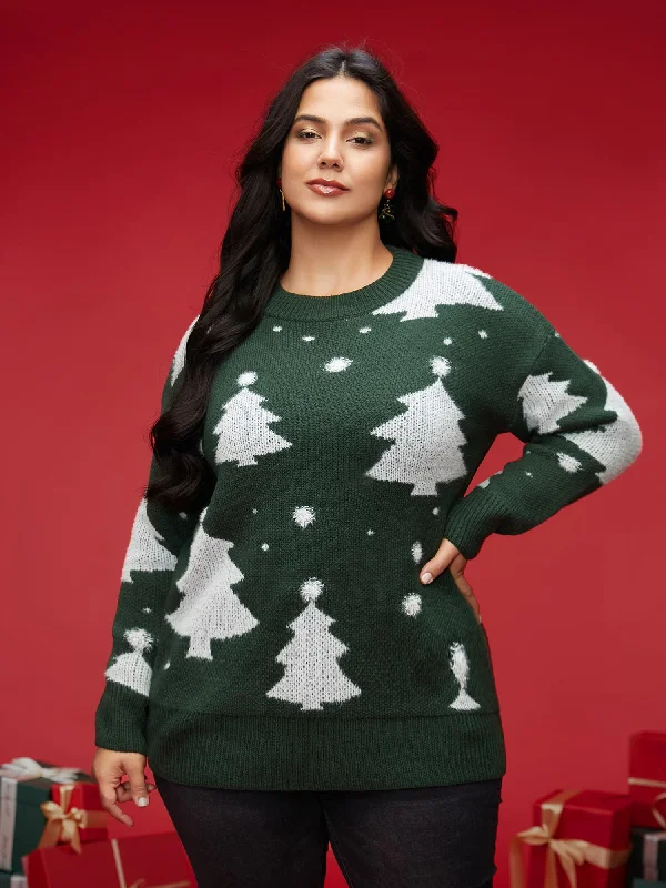Women's Long Cardigan Pullovers Sweater-Festive Trees Ribbed Detailing Pullover