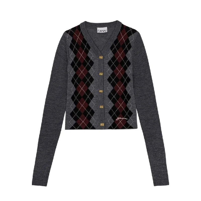 Knit Tops for Women with Lace-Fine Merino Jacquard Cardigan (Frost Gray)
