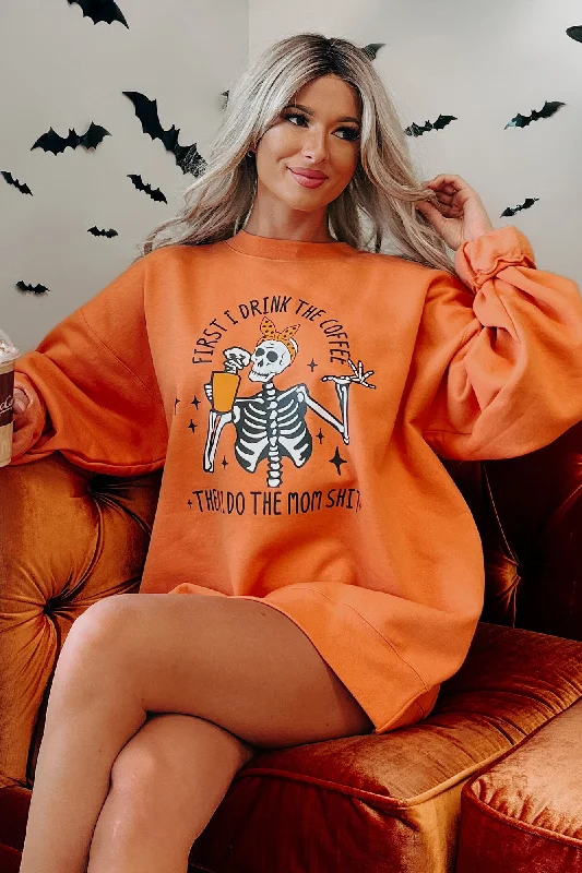 Women's Sweatshirts with Chic Detailing -"First I Drink Coffee" Graphic Crewneck (Pumpkin) - Print On Demand