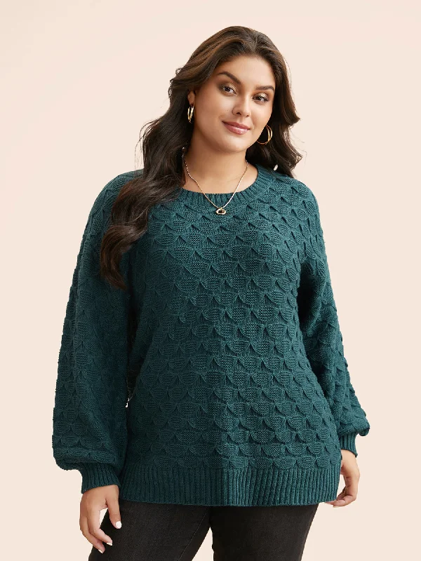 Women's Chunky Wool Pullovers Sweater-Fish Scale Texture Drop Shoulder Pullover