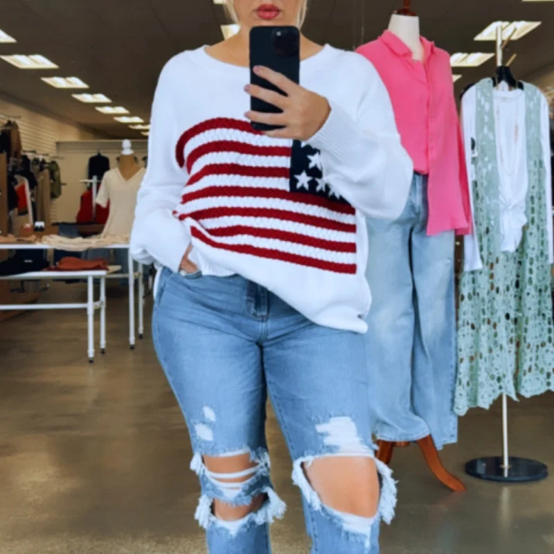 Women's Sweatshirts with Hood for Cold Weather -Flag Crochet Knit Sweater