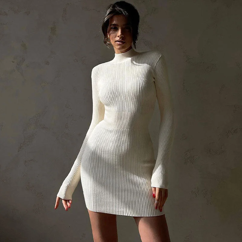 Women's Sweaterdress for Winter Fashion -Flattering High Neck Long Sleeve Bodycon Mini Rib White Knit Sweater Dress Women's Sweaterdress for Winter Fashion -Flattering High Neck Long Sleeve Bodycon Mini Rib White Knit Sweater Dress