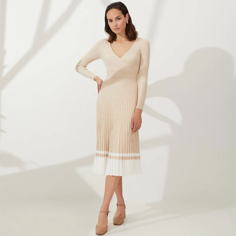 Women's Ribbed Sweaterdress -Flirty V Neck Fit and Flare Pleated Contrast Striped Rib Knit Midi Dress Women's Ribbed Sweaterdress -Flirty V Neck Fit and Flare Pleated Contrast Striped Rib Knit Midi Dress