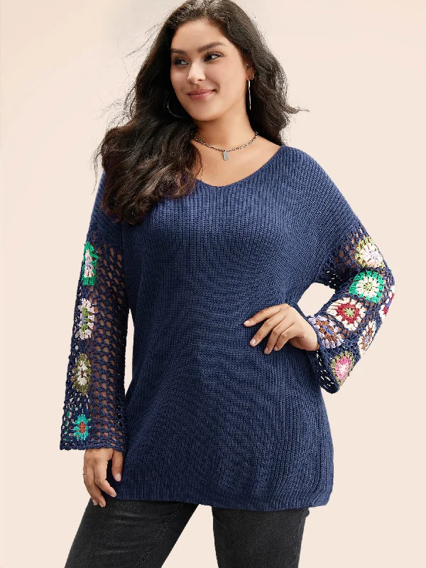 Women's Pullovers Sweater with Relaxed Fit-Floral Embroidered Hollow Out Pullover