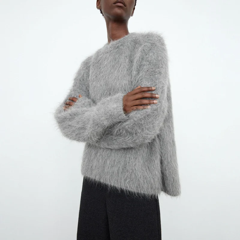 Women's Soft Knit Pullover Sweater-Fluffy Monochrome Crew Neck Long Sleeve Oversized Pullover Knit Sweater Women's Soft Knit Pullover Sweater-Fluffy Monochrome Crew Neck Long Sleeve Oversized Pullover Knit Sweater