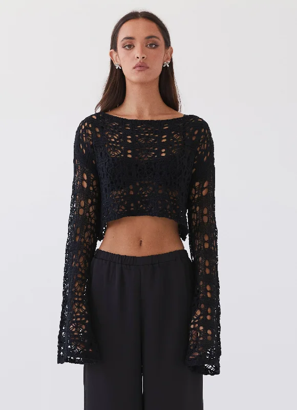 Lightweight Knit Tops for Layering-Free Mind Crochet Long Sleeve Top - Black
