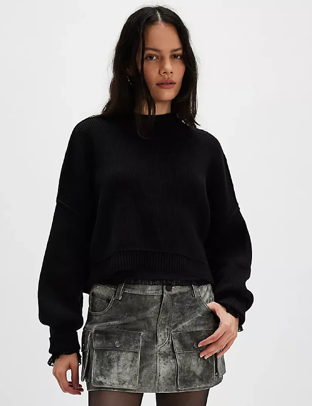 Women's Warm Wool Knit Pullovers Sweater for Everyday Use-Easy Street Crop Pullover, Black