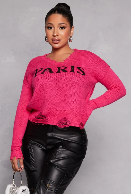 Women's Cozy Cashmere Pullover Sweater for Comfort-Paris Graphic Distressed Pullover Sweater