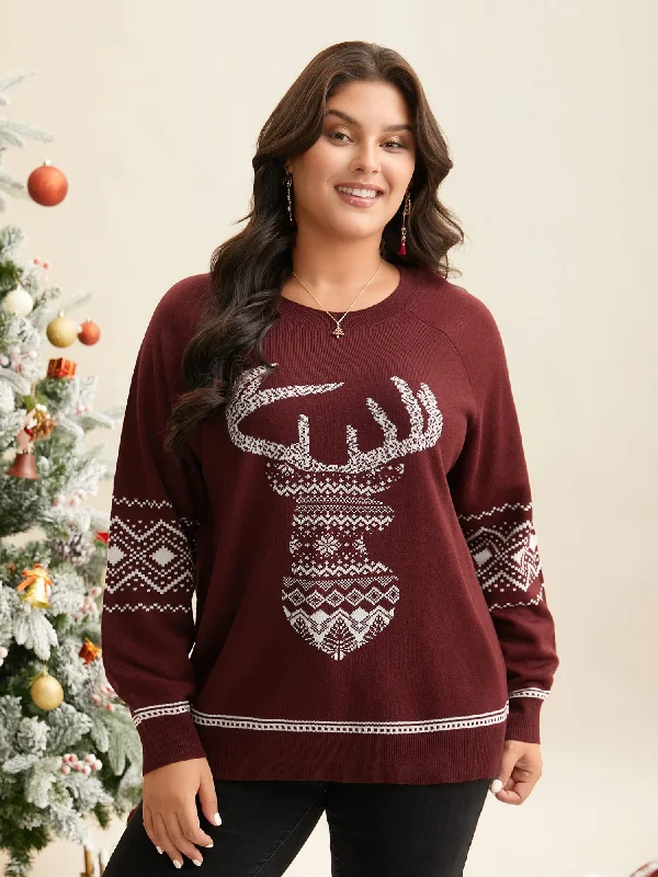 Women's Fall Style Knit Pullovers Sweater-Geo Reindeer Printed Sleeves Straight Fit Pullover