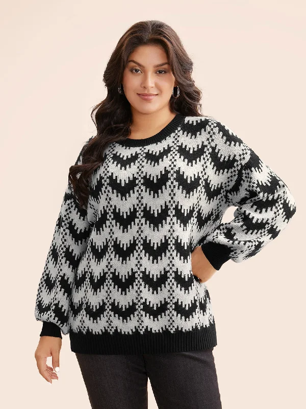 Women's Pullovers Sweater with Embroidered Details-Geometric Jacquard Drop Shoulder Sleeve Pullover
