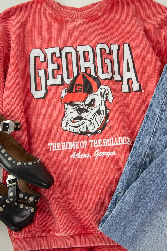 Women's Sweatshirts with Sporty Patterns -Georgia Mascot Cord Sweatshirt, Red | Charlie Southern