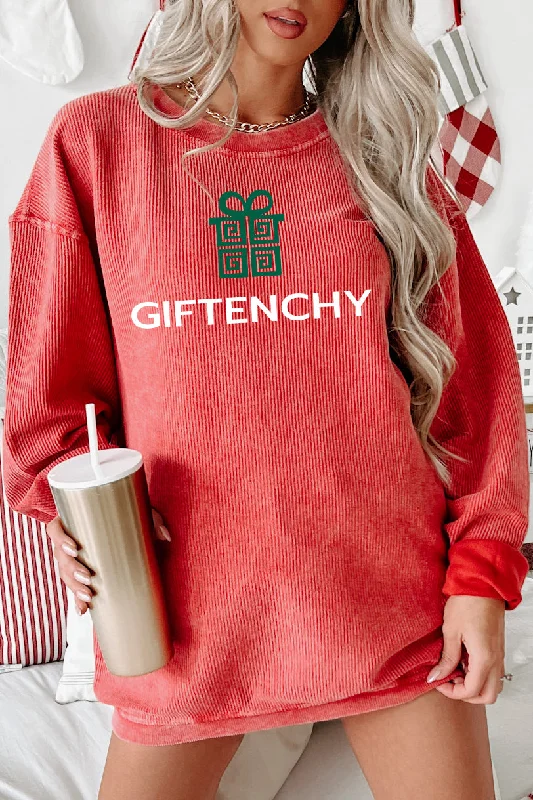 Women's Sweatshirts with Pockets for Convenience -"GIFTENCHY" Parody Graphic Corded Crewneck (Red) - Print On Demand