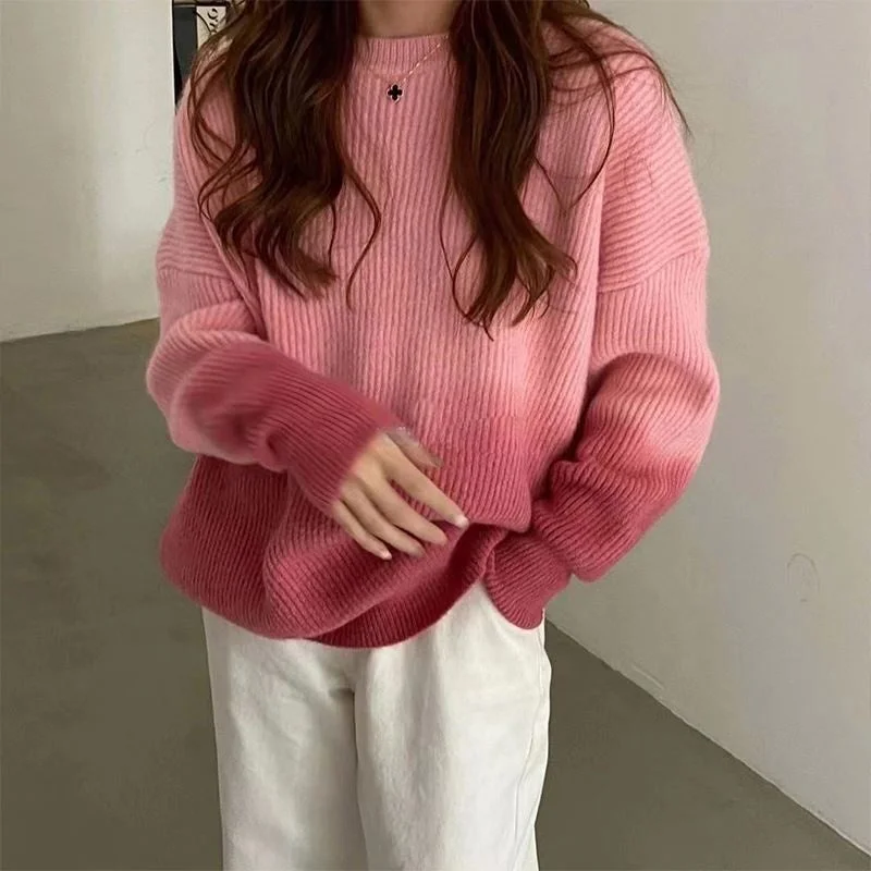 Women's Casual Knitted Pullover Sweater for Relaxation-Gradient Color Sweater Women's Pullover Thick Loose Idle Style Matching Tie-Dyed Soft Glutinous Super Fairy Women's Casual Knitted Pullover Sweater for Relaxation-Gradient Color Sweater Women's Pullover Thick Loose Idle Style Matching Tie-Dyed Soft Glutinous Super Fairy