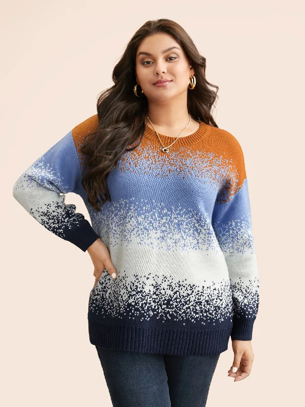 Women's Pullovers Sweater with Detailed Stitching-Gradient Dyeing Contrast Drop Shoulder Pullover