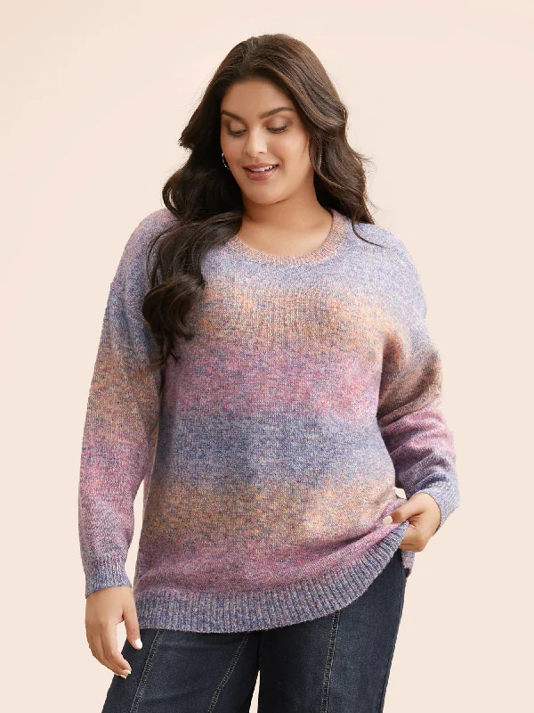 Women's Cozy Pullover Sweater with Side Slits-Gradient Dyeing Round Neck Slit Hem Pullover Women's Cozy Pullover Sweater with Side Slits-Gradient Dyeing Round Neck Slit Hem Pullover