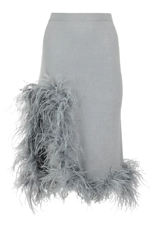 Knit Tops with V-neckline-Grey Knit Skirt With Feathers