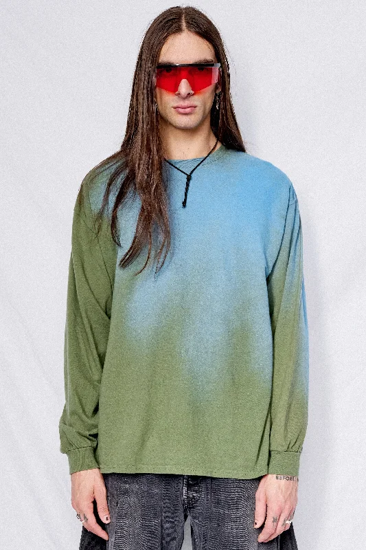 Women's Comfort-fit Long Sleeve T-shirt for Layering -Green/Blue Airbrush Long Sleeve Tee Women's Comfort-fit Long Sleeve T-shirt for Layering -Green/Blue Airbrush Long Sleeve Tee