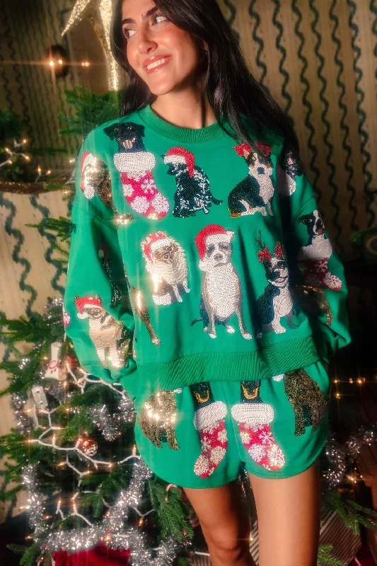Women's Sweatshirts with Bold Lettering -Green Christmas Puppies Sweatshirt