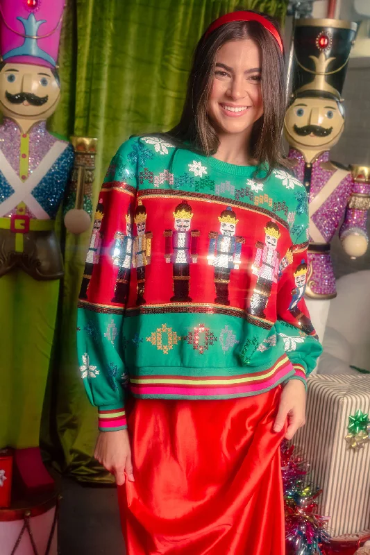 Women's Sweatshirts for Cozy Winter Layers -Green Multi Vintage Nutcracker & Needlepoint Snowflake Sweatshirt