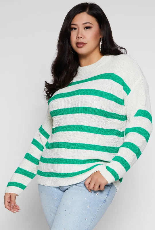 Women's Warm Knit Wool Pullover Sweater with Cuffs-Plus Size Striped Knit Pullover Sweater