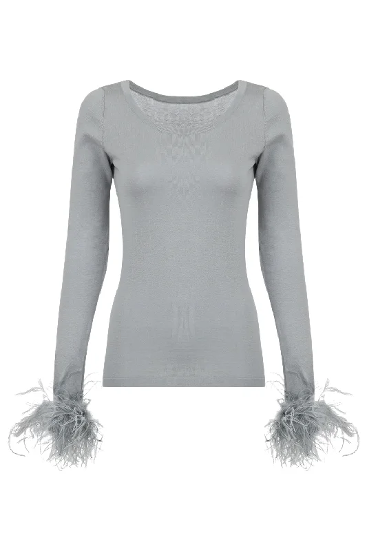 Boho Knit Tops-Grey Knit Top With Detachable Feather Cuffs