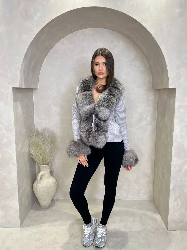 Knit Tops for Daytime Looks-Grey/Two Tone Luxury Fur Cardigan
