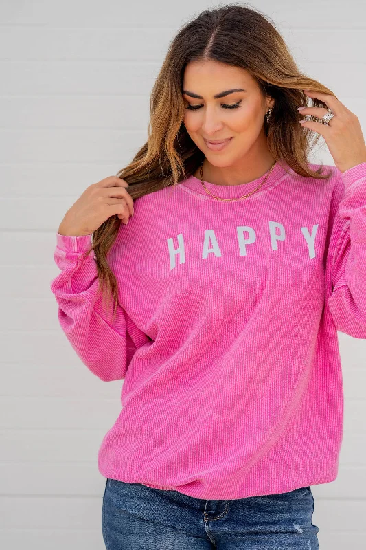 Women's Sweatshirts for Easy-to-Wear Layers -Happy Ribbed Graphic Crewneck