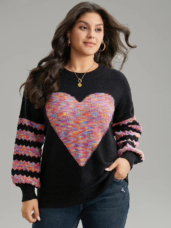 Women's Soft Cashmere Pullovers Sweater-Heart Heather Patchwork Crew Neck Pullover