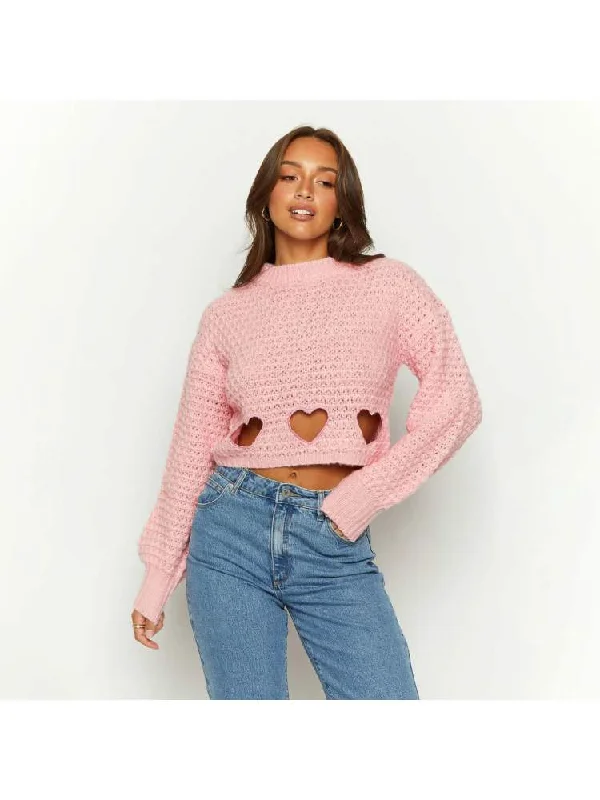 Women's Soft Knit Pullover Sweater with Open Front-Heart Hollow-out Long Sleeve Pullover Sweater