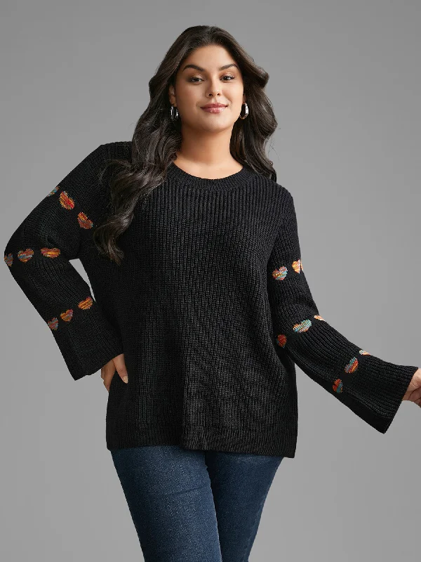 Women's Colorful Knit Pullovers Sweater-Heart Jacquard Gathered Bell Sleeve Pullover Women's Colorful Knit Pullovers Sweater-Heart Jacquard Gathered Bell Sleeve Pullover