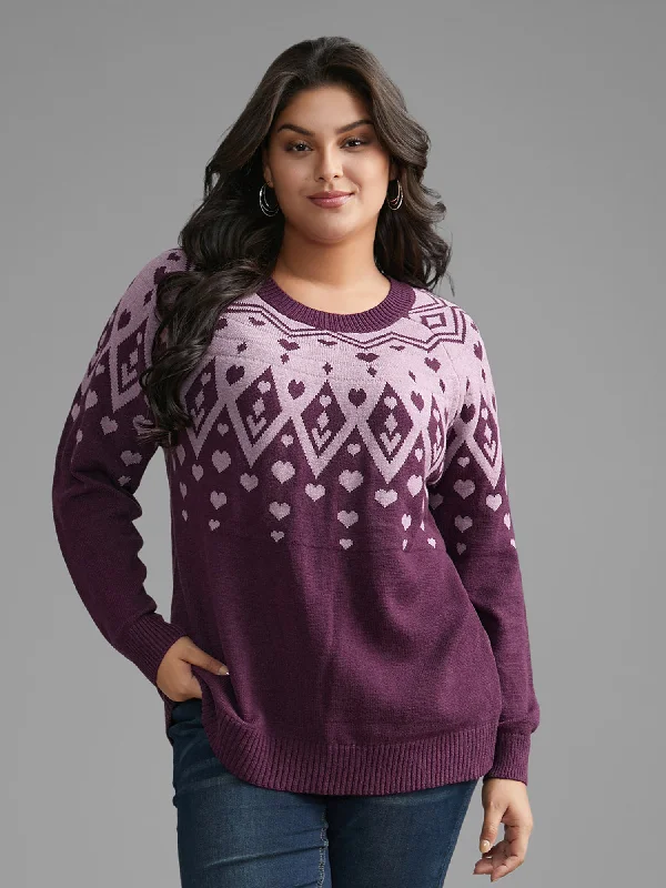Women's Fitted Wool Pullovers Sweater-Heart Round Neck Raglan Sleeve Pullover