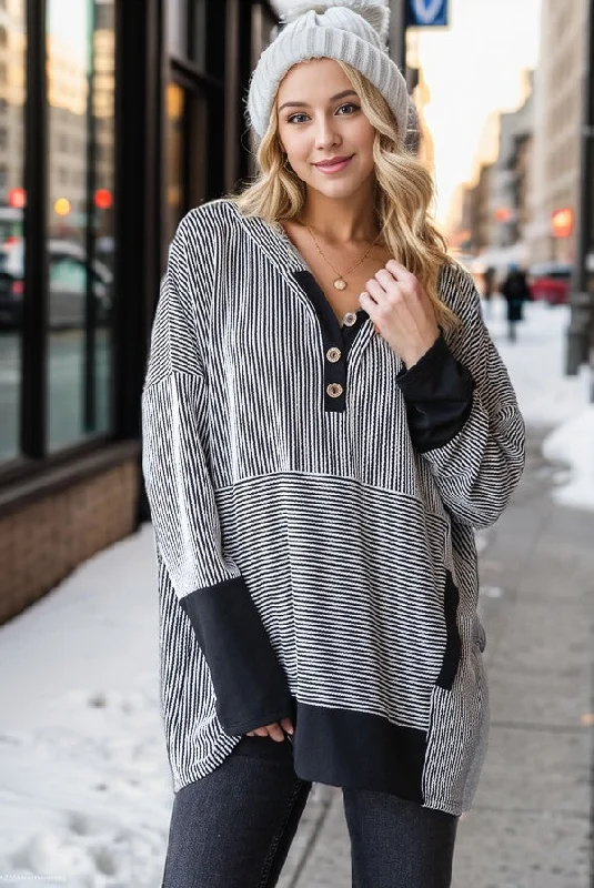 Women's Sweatshirts for Casual Fridays -Heimish Long Sleeve Stripe & Solid Contrast Hoodie Women's Sweatshirts for Casual Fridays -Heimish Long Sleeve Stripe & Solid Contrast Hoodie