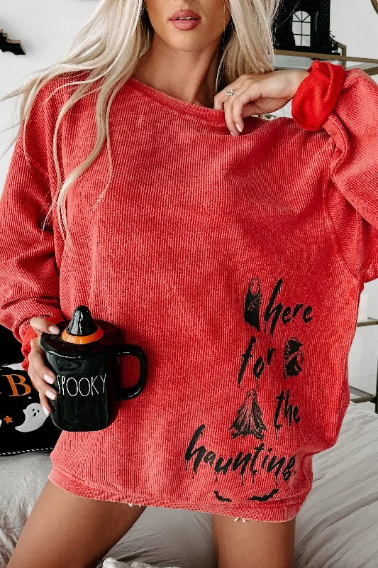 Women's Sweatshirts for Cool Evening Walks -"Here For The Haunting" Corded Graphic Crewneck (Red) - Print On Demand Women's Sweatshirts for Cool Evening Walks -"Here For The Haunting" Corded Graphic Crewneck (Red) - Print On Demand