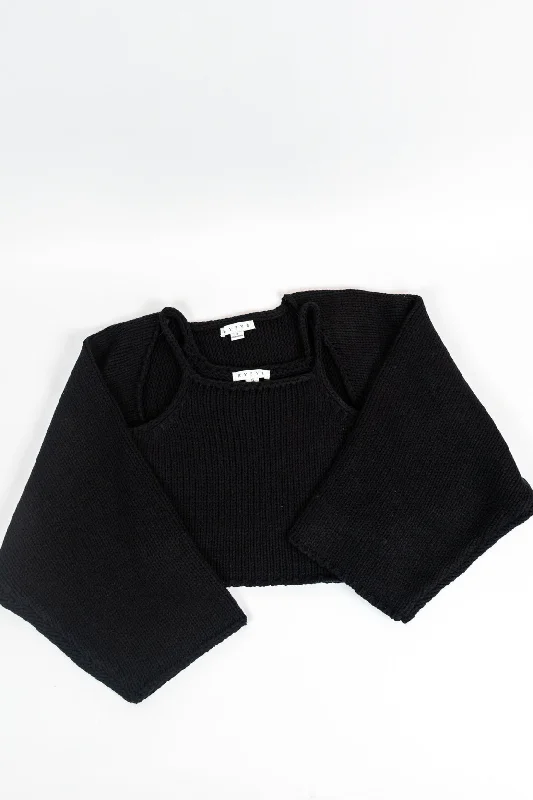 Women's Sweater Set with Embroidery Details -Zara Sweater & Tank Set | Black