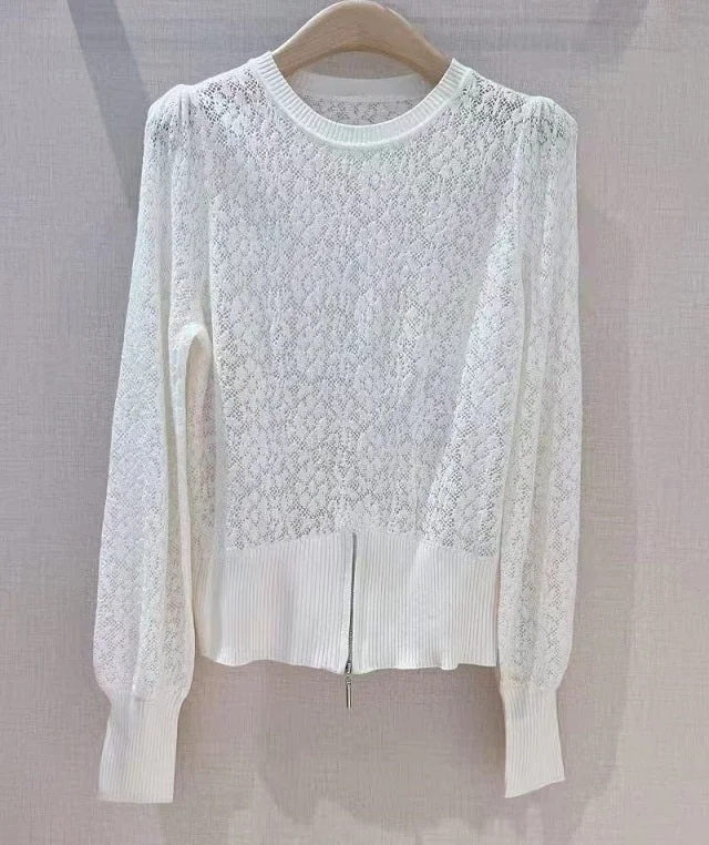Women's Cozy Knit Wool Pullovers Sweater-High Quality Knitted Sweaters 2022 Autumn Winter Pullovers Women Vintage Jacquard Print Zip Deco Long Sleeve White Black Jumpers