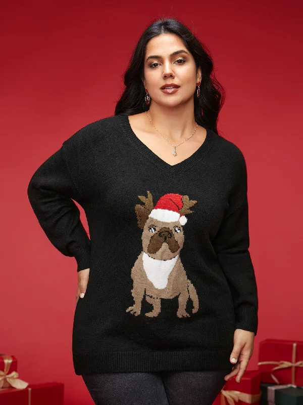 Women's Solid Color Knit Pullovers Sweater-Holidazzled Dog Motif Furry V-neck Pullover Women's Solid Color Knit Pullovers Sweater-Holidazzled Dog Motif Furry V-neck Pullover