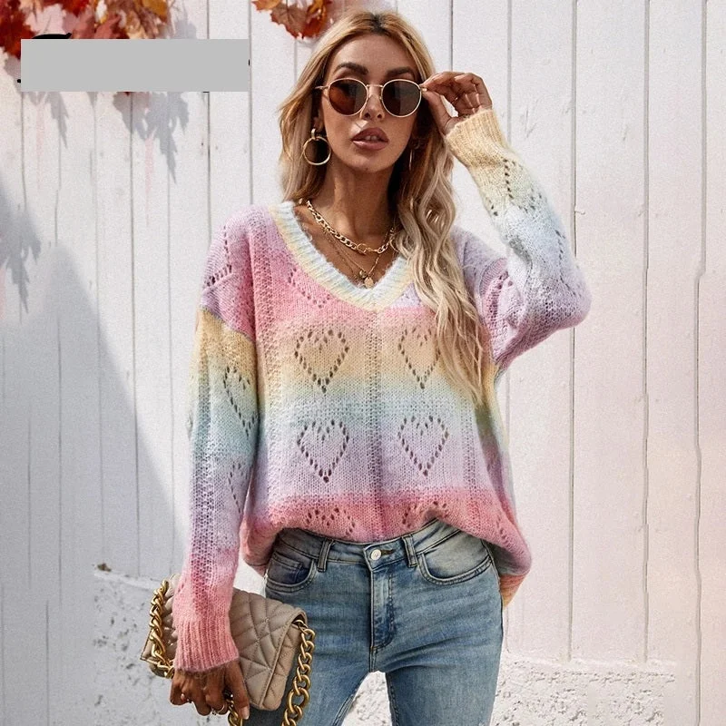 Women's Turtleneck Wool Knit Pullover Sweater-Hollow Out V Neck Pullover Tie Dye Rainbow Jumper Knitwear Vintage Boho 2021 Sweater Women Clothing Colorful Tops Coldker Women's Turtleneck Wool Knit Pullover Sweater-Hollow Out V Neck Pullover Tie Dye Rainbow Jumper Knitwear Vintage Boho 2021 Sweater Women Clothing Colorful Tops Coldker