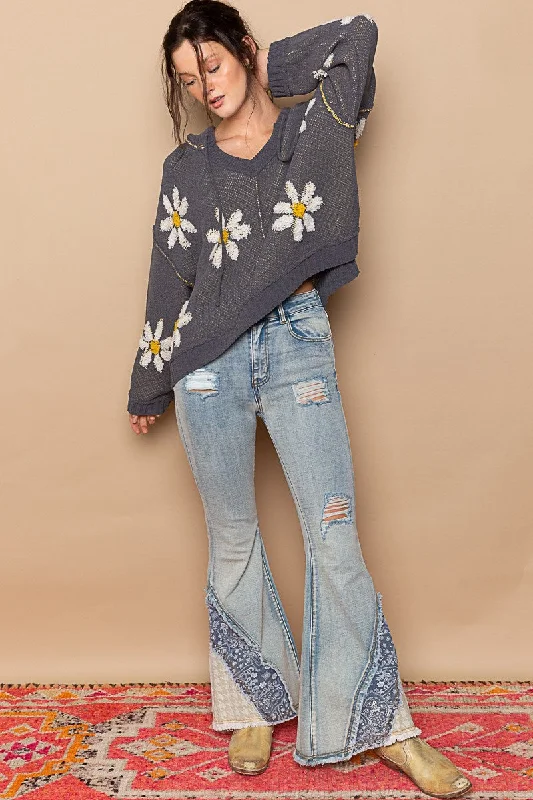 Women's Color Block Wool Pullovers Sweater-Hooded v-neck floral pattern pullover sweater