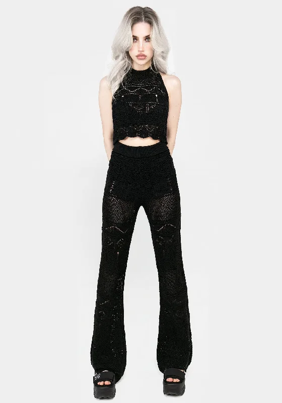 Knit Tops with Fitted Waist-Hooked Pointelle Flare Trousers